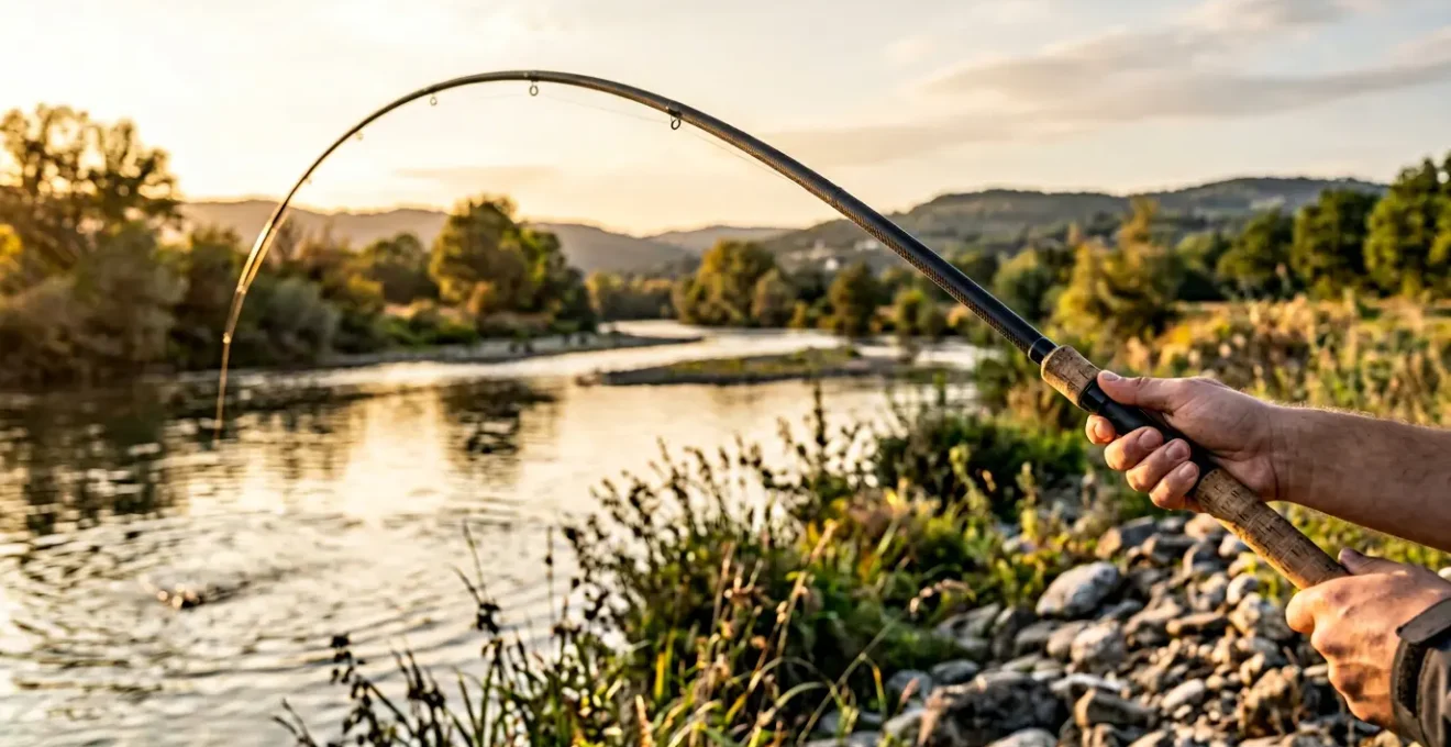 Canne à pêche en carbone haute performance en action de lancer longue distance au bord d'une rivière française