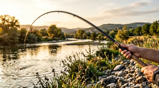 Canne à pêche en carbone haute performance en action de lancer longue distance au bord d'une rivière française