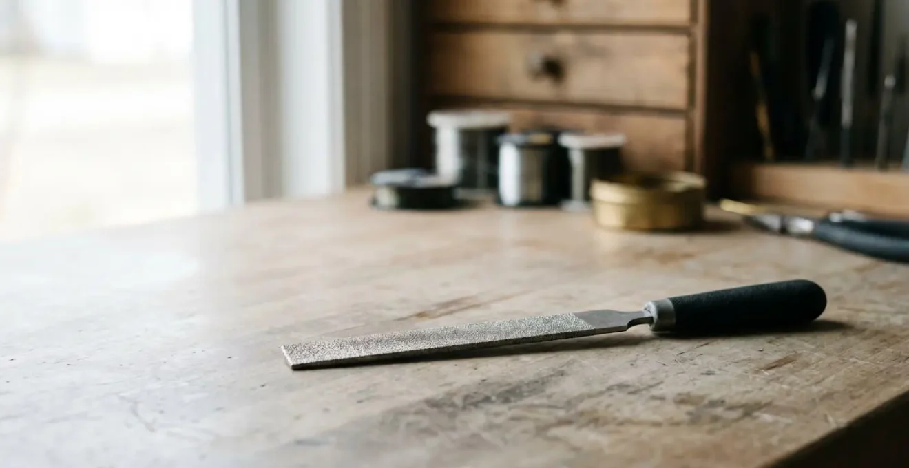 Scène minimaliste montrant une lime diamantée professionnelle avec sa surface granuleuse en gros plan, posée sur un fond épuré évoquant un atelier de pêcheur