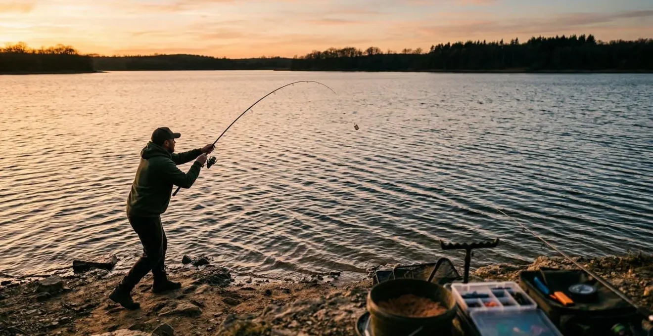 Pêcheur au feeder réalisant un amorçage de précision à distance sur un grand lac français par vent de travers
