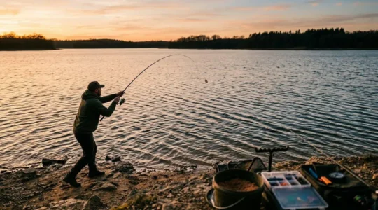 Pêcheur au feeder réalisant un amorçage de précision à distance sur un grand lac français par vent de travers