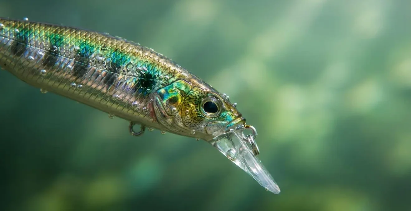 Séquence macro de leurre dur jerkbait sous l'eau avec détails de bavette et reflets