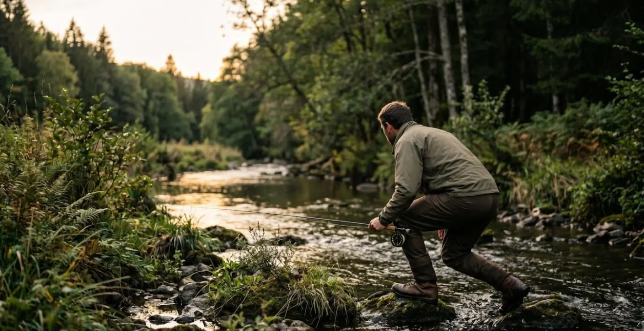 Vue en contre-plongée d'un pêcheur adoptant une approche discrète le long d'un ruisseau de montagne en France
