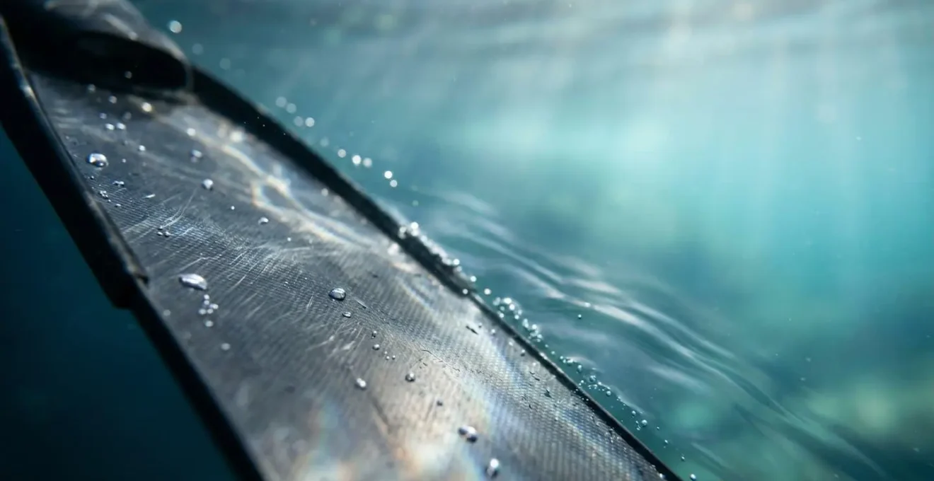 Détail des palmes sous l'eau générant des ondes de basse fréquence lors du palmage en float-tube
