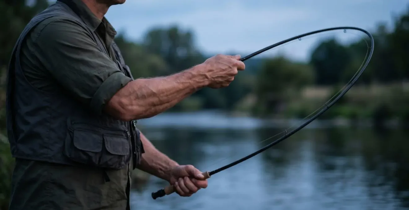 Séquence de mouvement montrant la flexion progressive d'une canne carbone lors du chargement avant le lancer