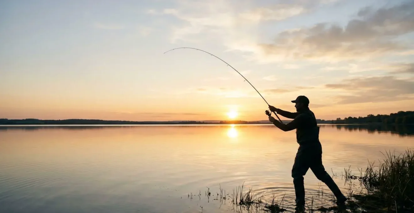 Silhouette de pecheur en position de ferrage avec rotation du tronc au bord de l'eau