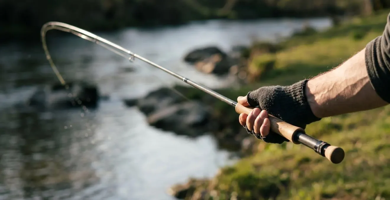 Mouvement biomécanique du poignet lors d'un lancer de pêche illustrant l'effet fouet
