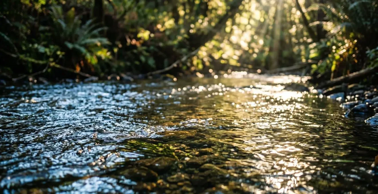Vue apaisante d'une rivière française avec reflets lumineux symbolisant l'effet du Blue Mind sur le cerveau