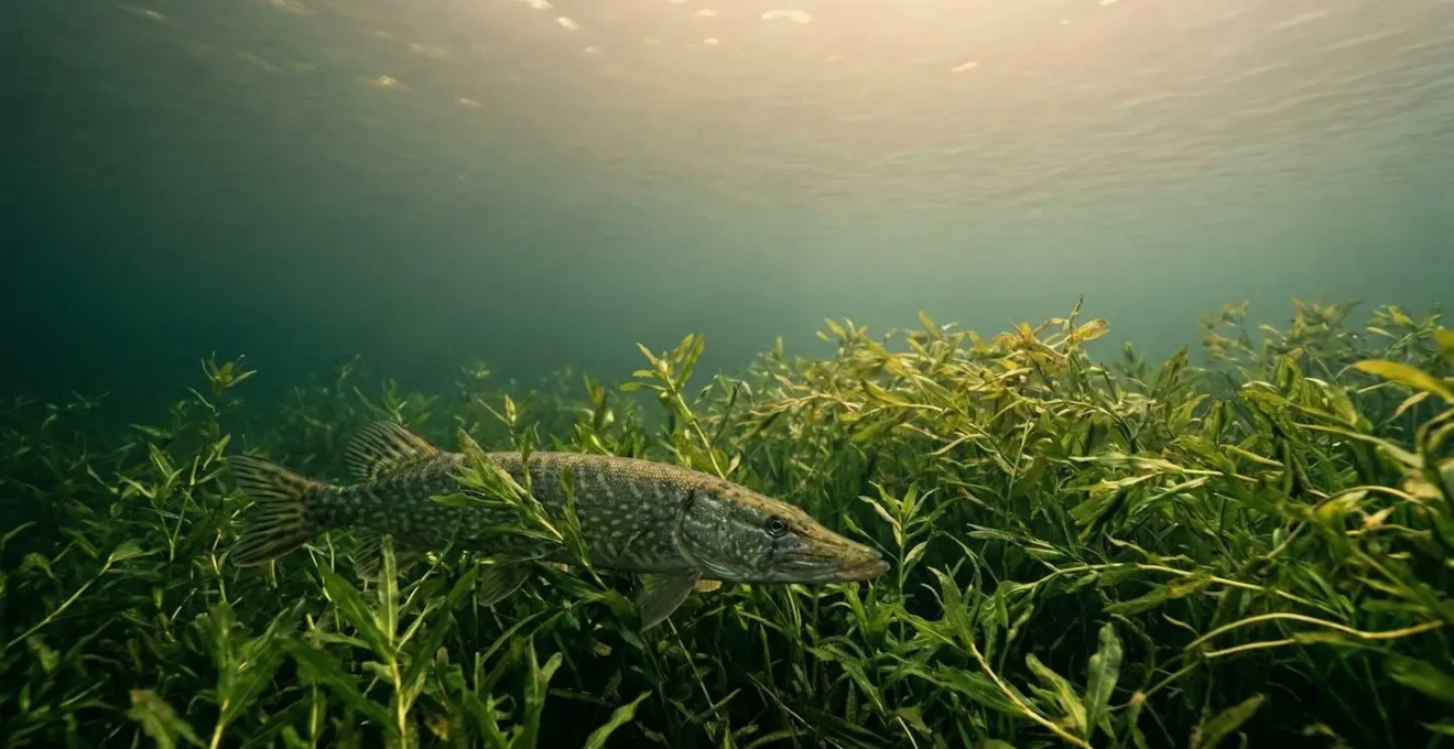 Brochet tacheté immobile dans un massif dense d'herbiers aquatiques en été