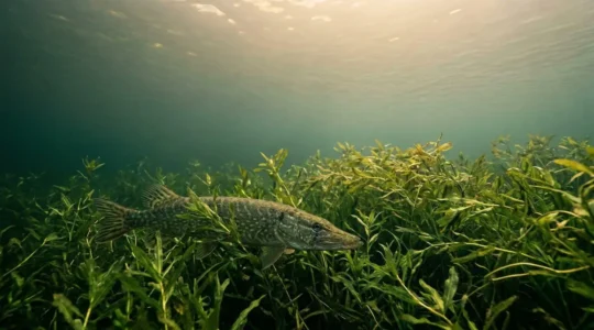 Brochet tacheté immobile dans un massif dense d'herbiers aquatiques en été