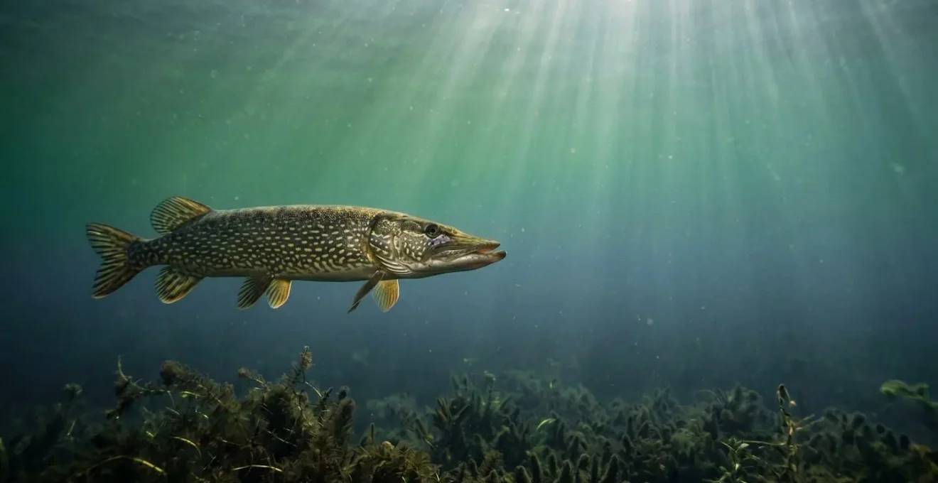 Vue sous-marine d'un grand brochet positionné dans la thermocline au-dessus d'herbiers aquatiques profonds