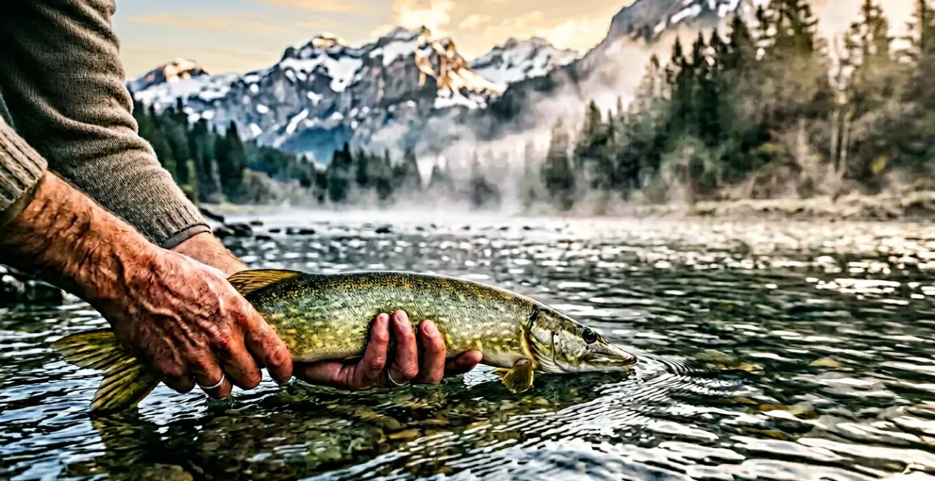 Un pêcheur relâchant délicatement un poisson dans une rivière de montagne française au lever du soleil
