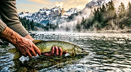 Un pêcheur relâchant délicatement un poisson dans une rivière de montagne française au lever du soleil