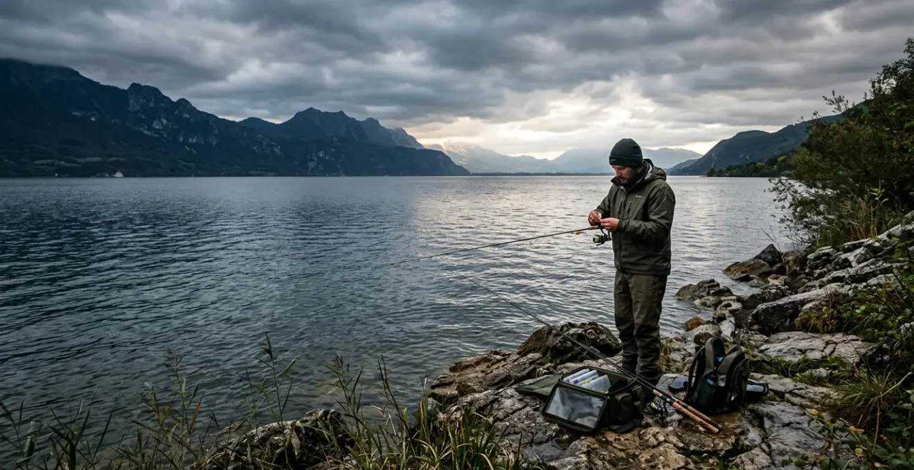 Pêcheur en action changeant de technique au bord d'un lac français sous un ciel changeant