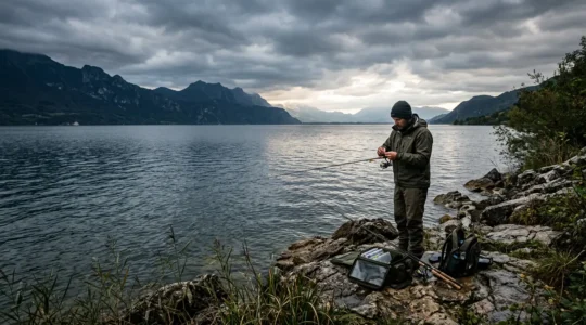 Pêcheur en action changeant de technique au bord d'un lac français sous un ciel changeant
