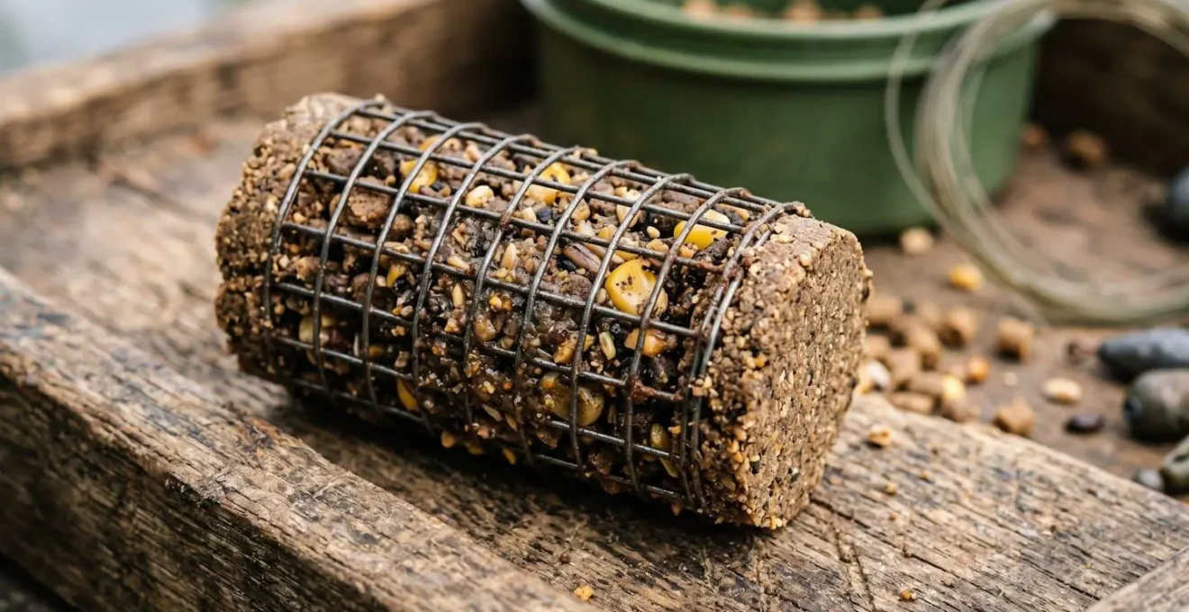 Vue rapprochée d'une cage feeder remplie d'amorce avec la technique du double bouchon pour pêche en conditions difficiles