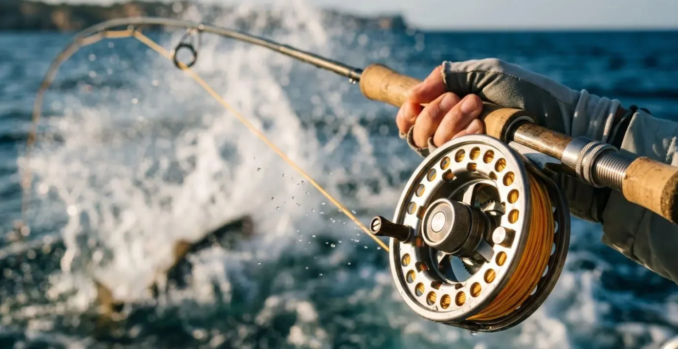 Combat intense entre un pêcheur et un gros poisson, illustrant la gestion du stress et de l'adrénaline