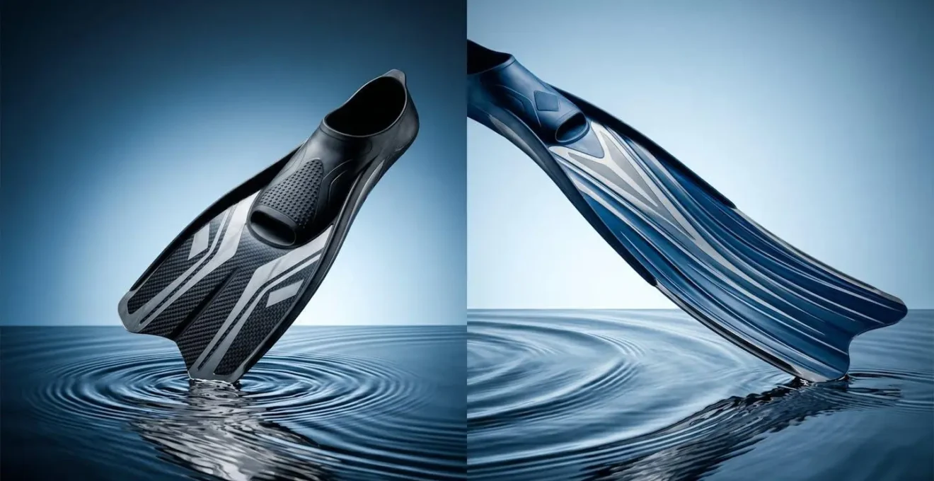 Comparaison visuelle entre palmes courtes et palmes longues pour la pêche en float-tube