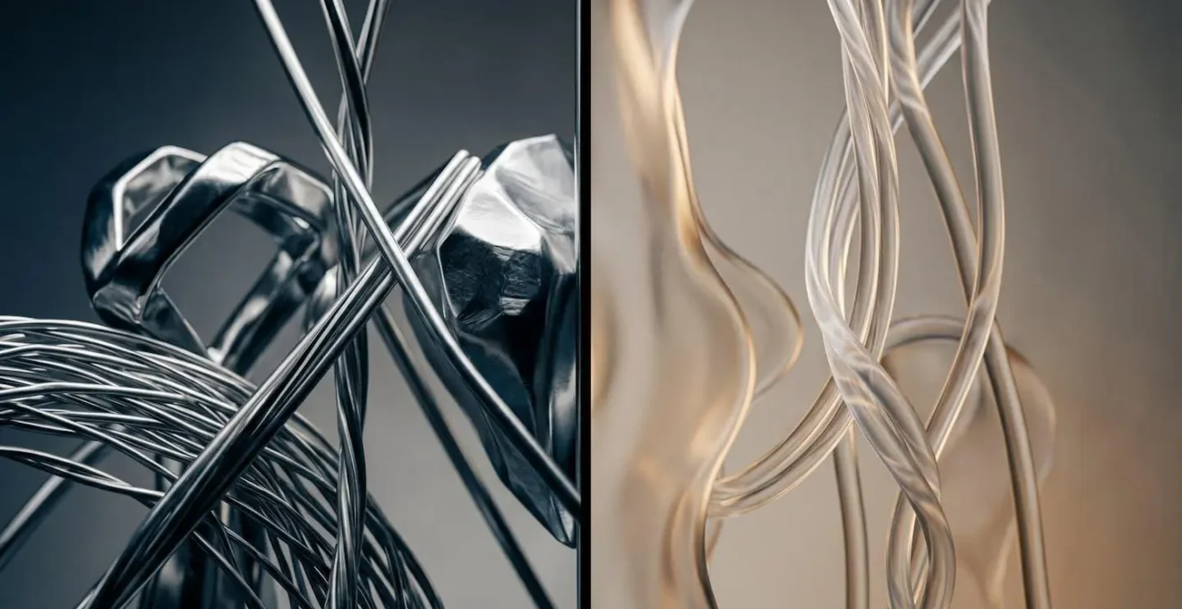 Composition symbolique et épurée évoquant la dualité entre deux matériaux de bas de ligne pour la pêche, avec jeux de lumière et de textures contrastées