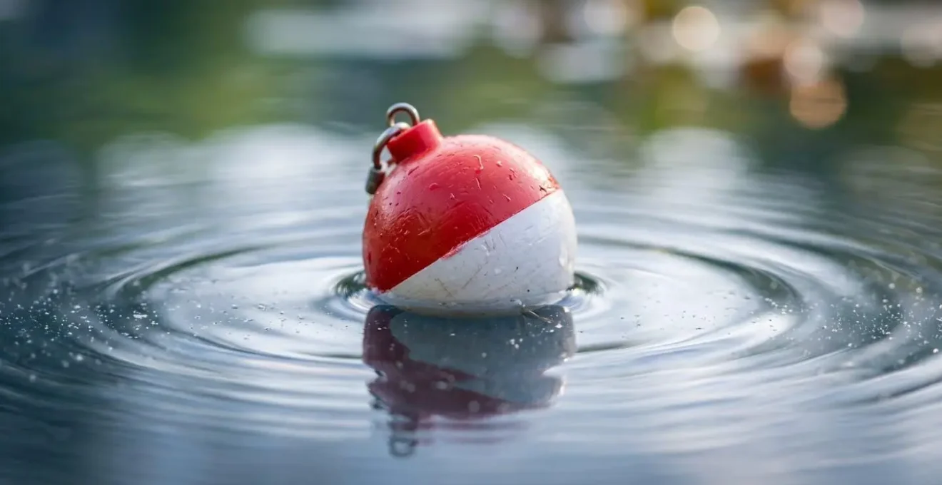 Gros plan sur un bouchon de pêche flottant sur eau calme avec reflets lumineux