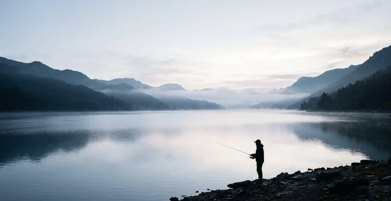 État de concentration extrême d'un pêcheur observant l'eau, illustrant le phénomène de flow et d'hyper-focus