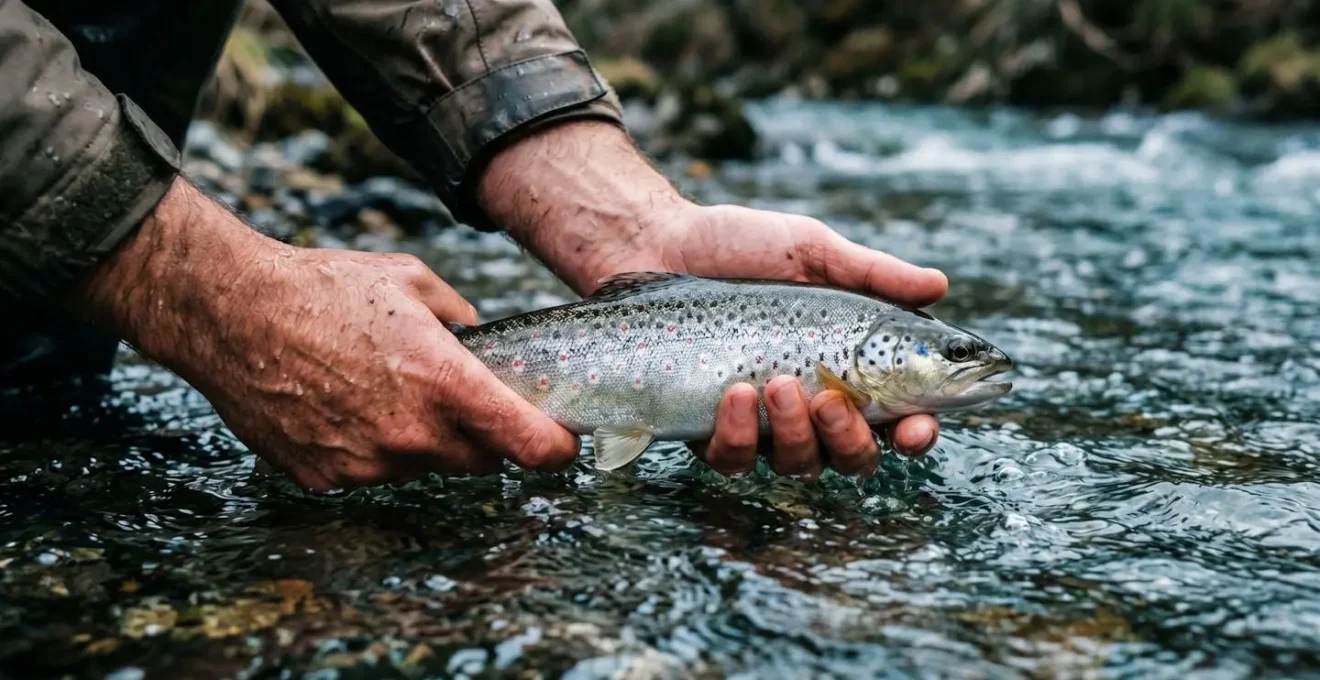 Mains d'un pêcheur tenant délicatement une truite vivante au-dessus de l'eau avant remise à l'eau