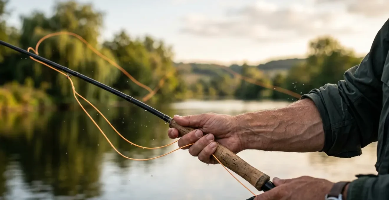 Geste de lancer précis en pêche sportive mettant en valeur le mouvement du poignet