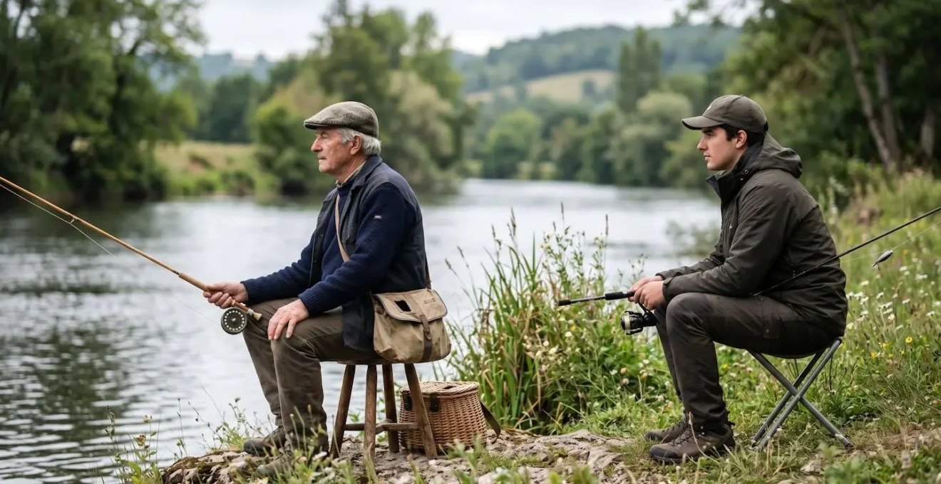 Deux générations de pêcheurs français au bord de l'eau, contraste entre tradition et modernité