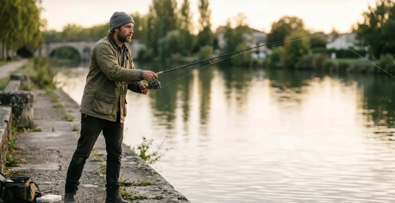Pêcheur au spinning concentré au bord d'un canal français avec canne moderne et leurres