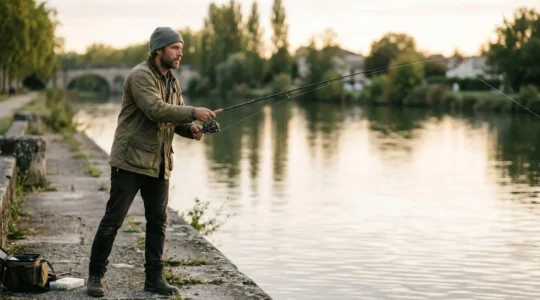 Pêcheur au spinning concentré au bord d'un canal français avec canne moderne et leurres