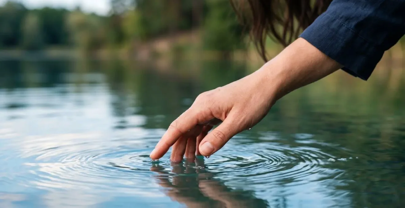 Main touchant délicatement la surface d'une eau claire avec ondulations lumineuses