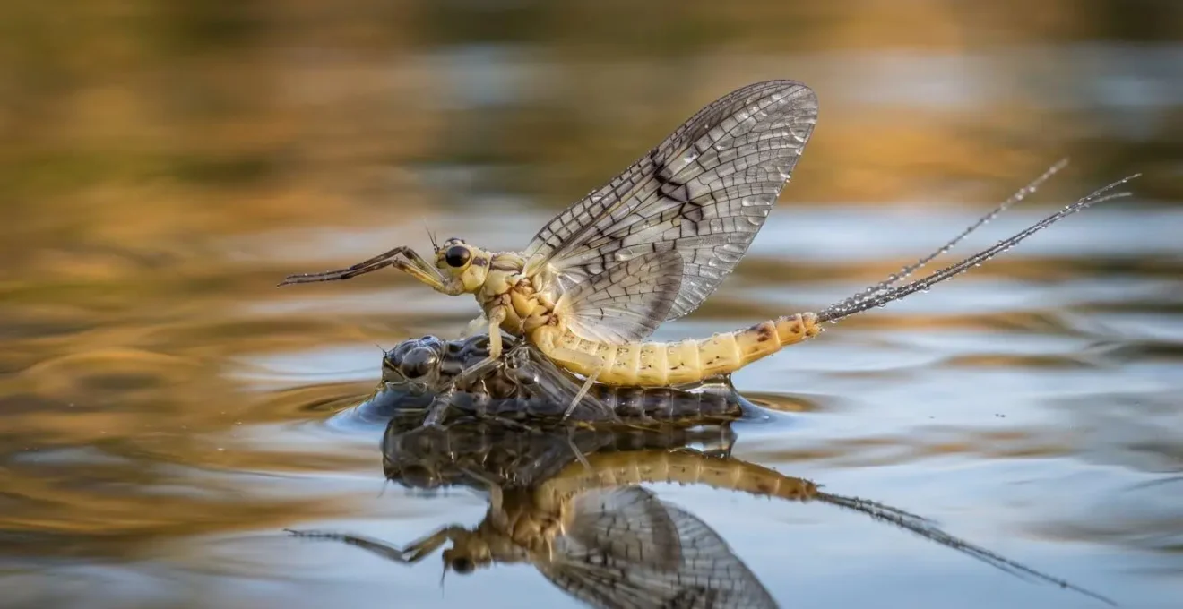 Émergence d'éphémères à la surface d'une rivière française lors de la manne de mai