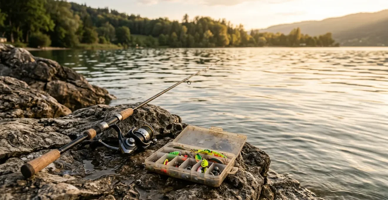 Ensemble de pêche aux leurres économique posé sur des rochers au bord d'un lac français