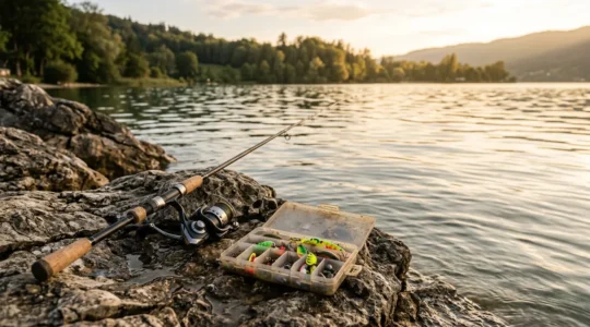 Ensemble de pêche aux leurres économique posé sur des rochers au bord d'un lac français