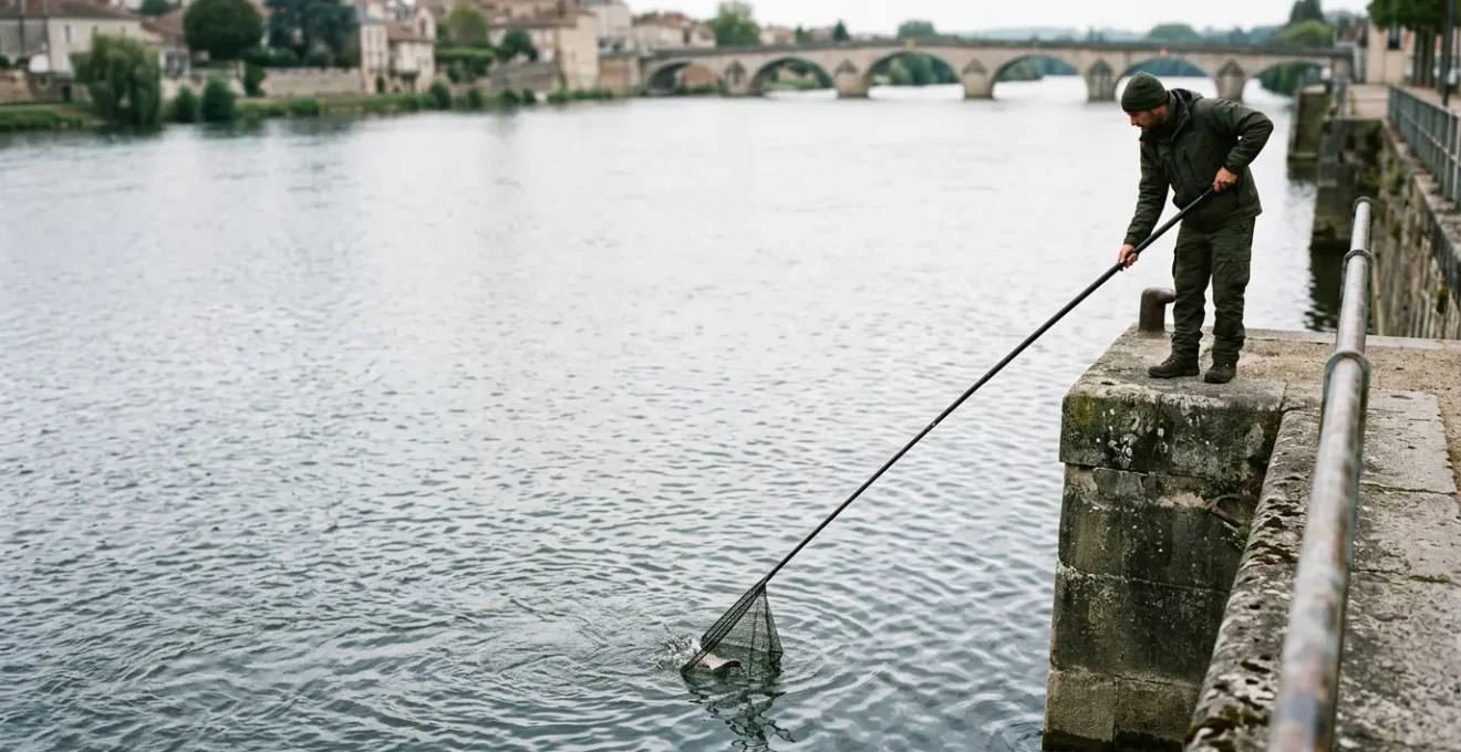 Pêcheur utilisant une épuisette télescopique depuis une berge en hauteur au bord d'un plan d'eau français