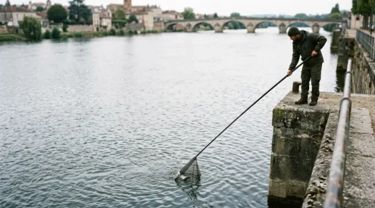 Pêcheur utilisant une épuisette télescopique depuis une berge en hauteur au bord d'un plan d'eau français