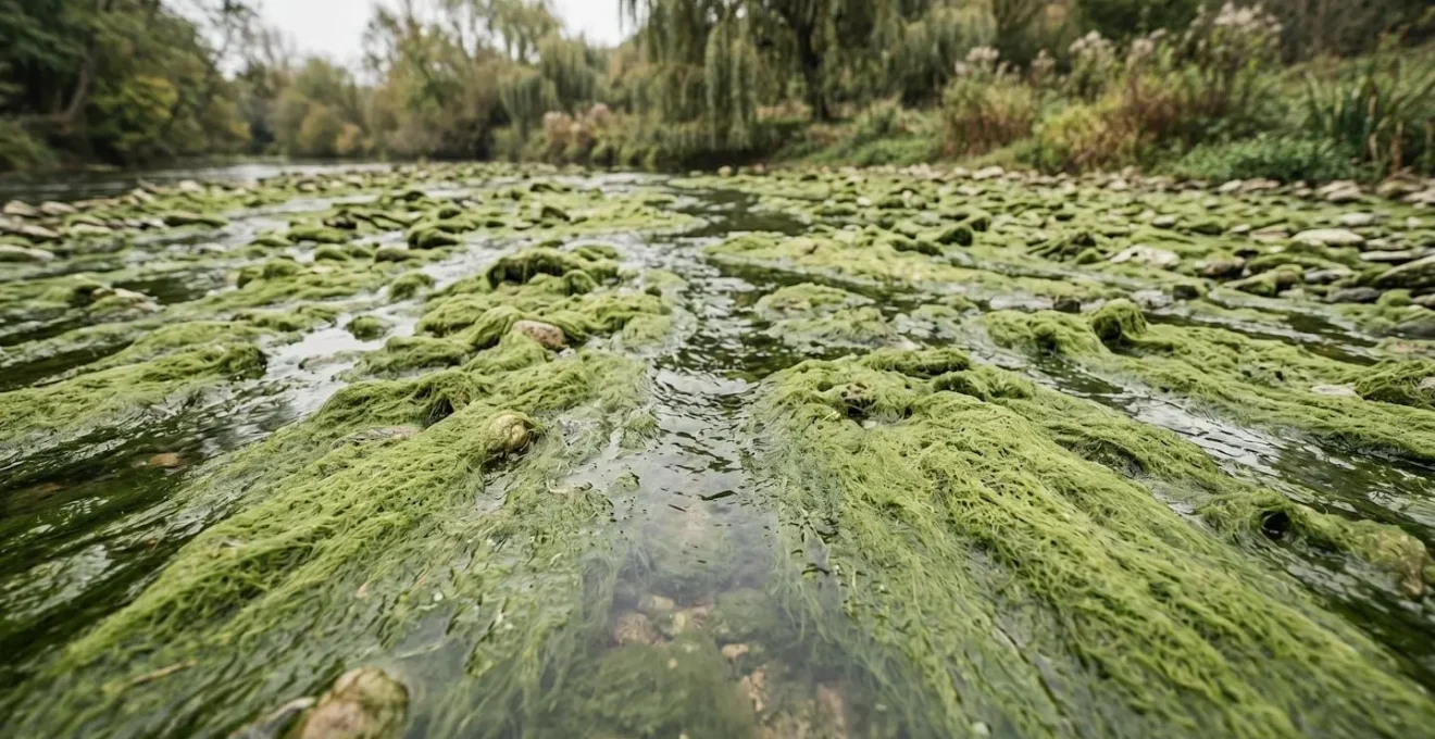 Prolifération d'algues filamenteuses sur le lit d'une rivière, signe d'eutrophisation et de pollution organique