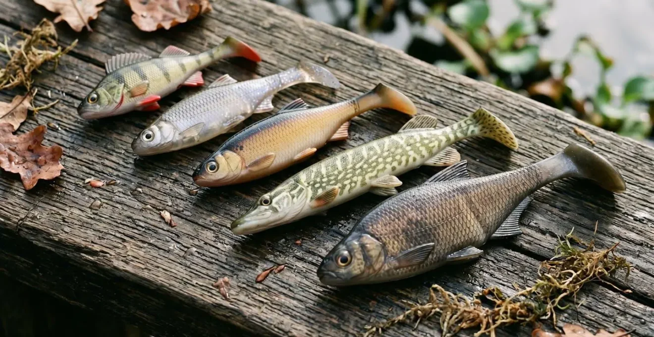 Assortiment de leurres souples de différentes tailles disposés sur fond naturel illustrant la progression saisonnière