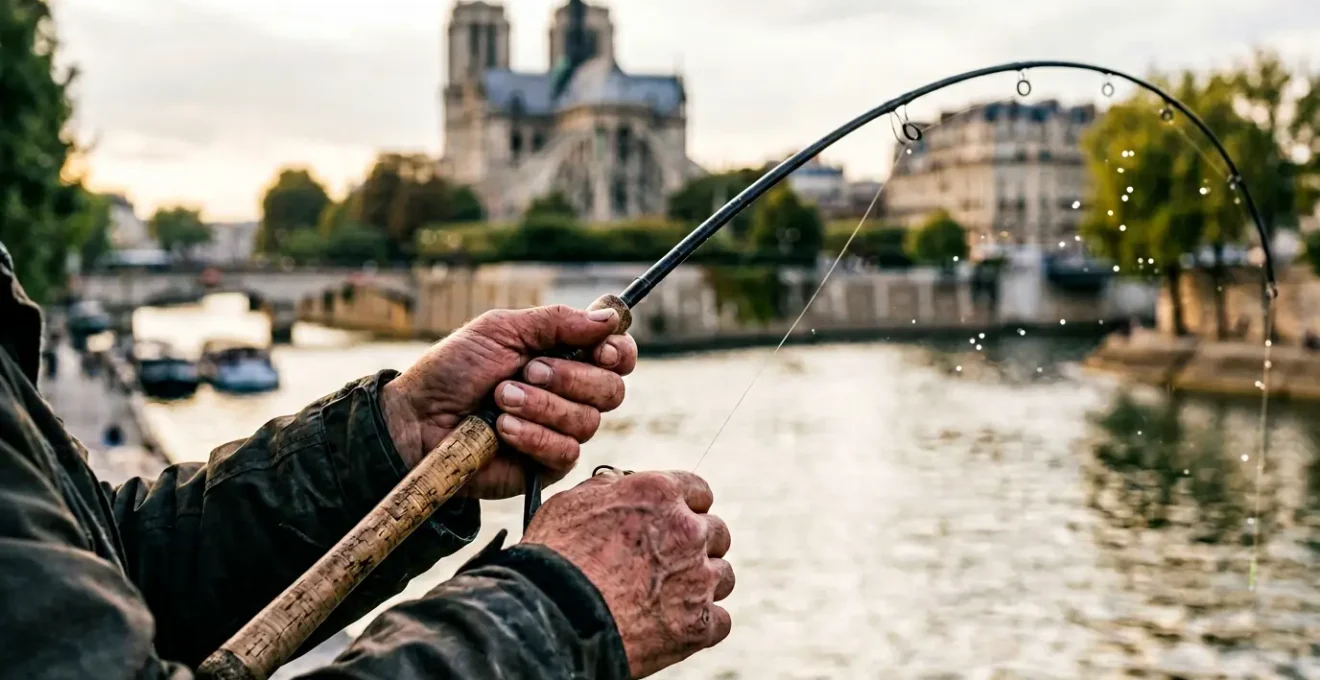 Moment de ferrage d'un carnassier avec une canne de peche courbee au-dessus de l'eau