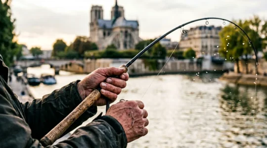 Moment de ferrage d'un carnassier avec une canne de peche courbee au-dessus de l'eau