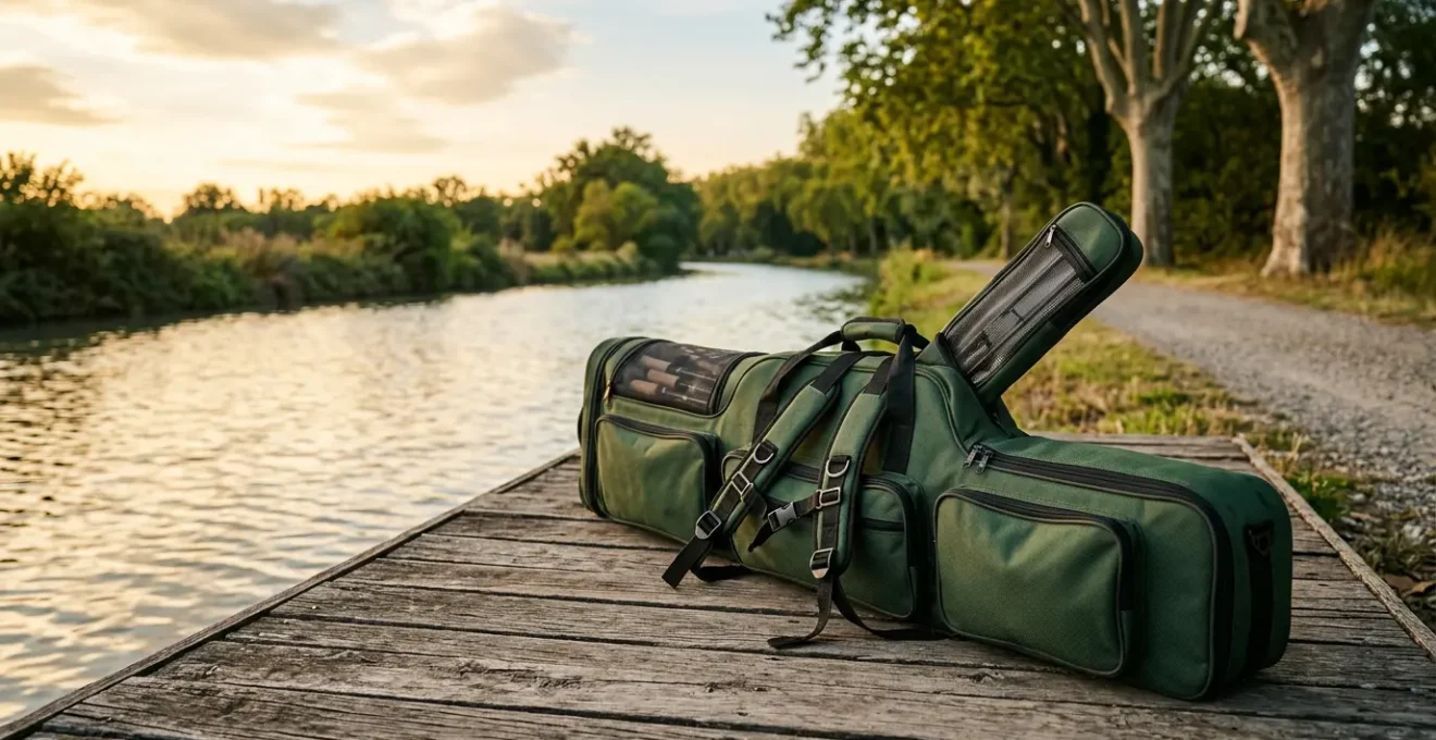 Fourreau de transport rigide pour cannes à pêche montées protégeant le matériel lors du déplacement