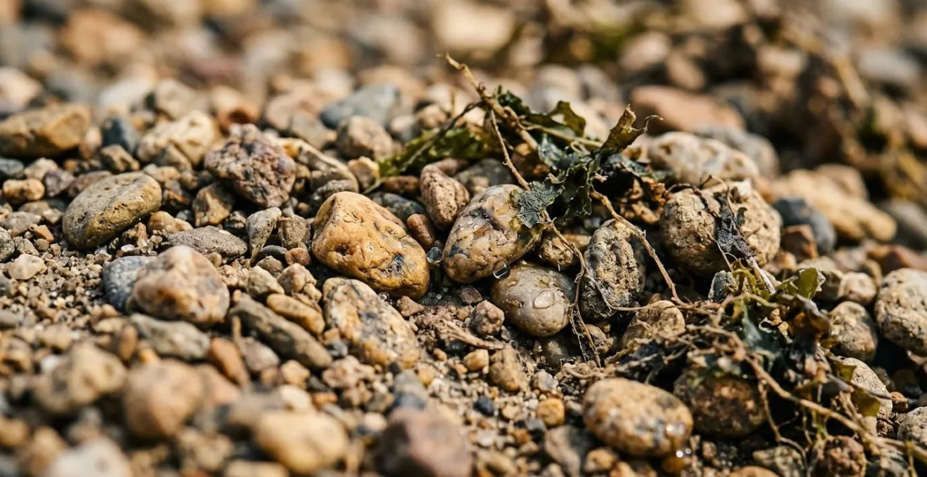 Frayère à sec exposant le substrat de graviers et la végétation aquatique suite à une baisse brutale du niveau d'eau