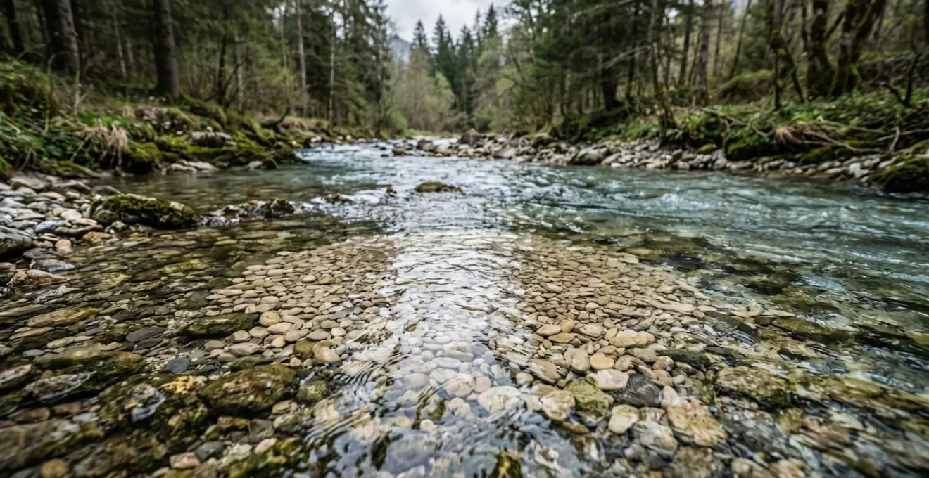 Frayère de truites avec graviers propres dans une rivière française en période sensible