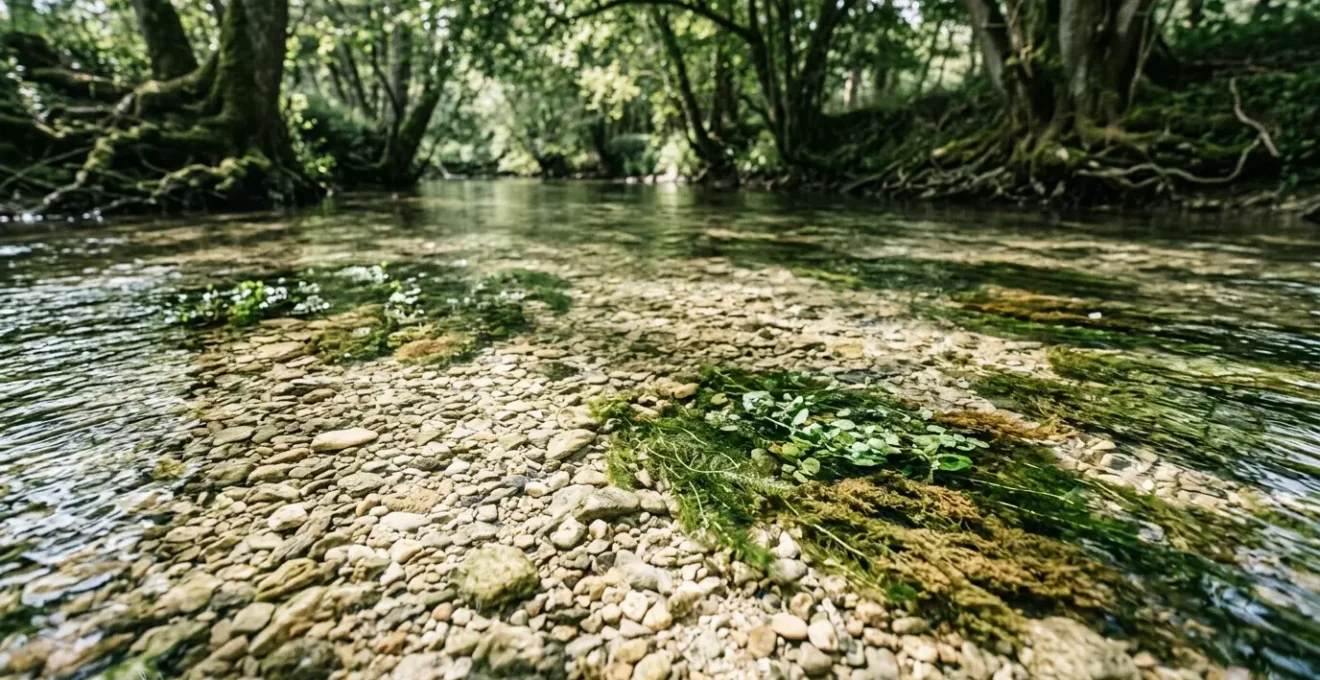 Zone de frayère naturelle dans une rivière française avec graviers propres et courant modéré, habitat de reproduction des poissons