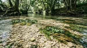 Zone de frayère naturelle dans une rivière française avec graviers propres et courant modéré, habitat de reproduction des poissons