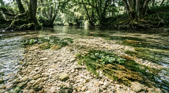 Zone de frayère naturelle dans une rivière française avec graviers propres et courant modéré, habitat de reproduction des poissons