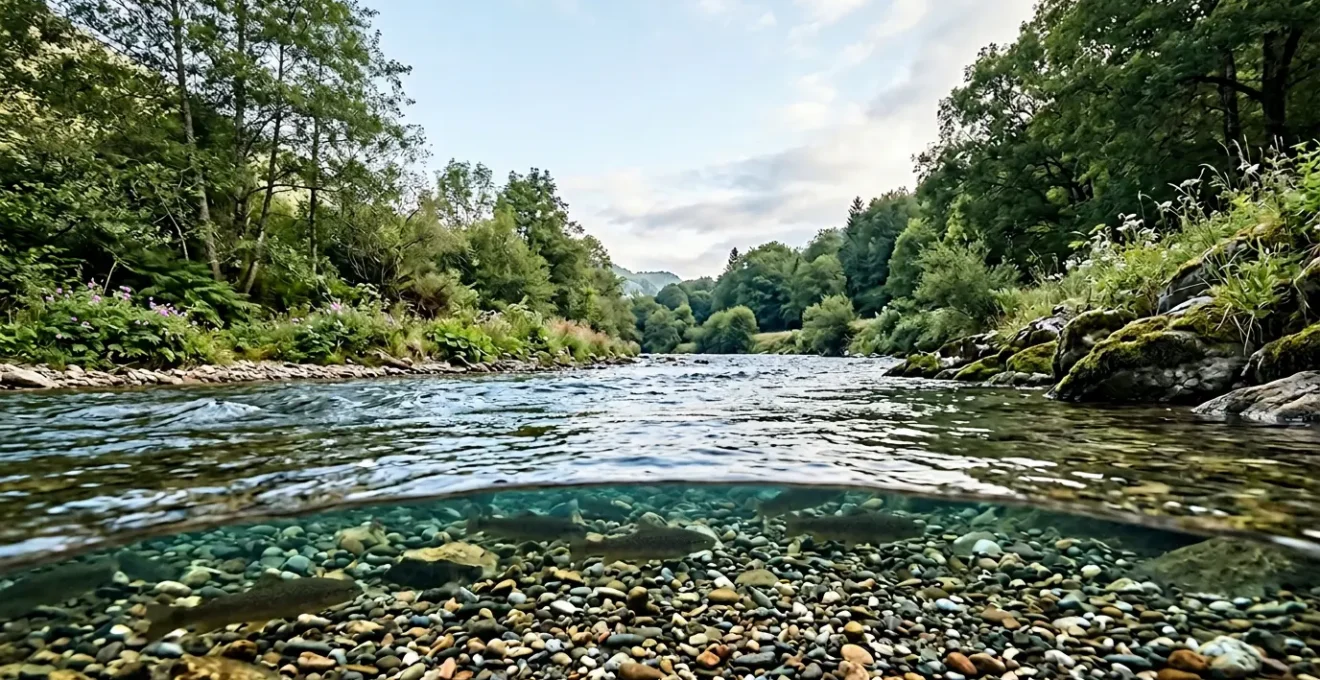 Rivière naturelle française avec truites sauvages et habitat préservé illustrant la gestion patrimoniale