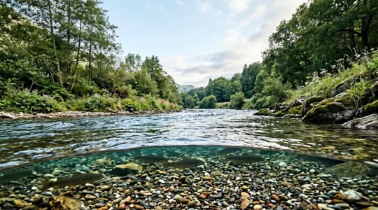 Rivière naturelle française avec truites sauvages et habitat préservé illustrant la gestion patrimoniale