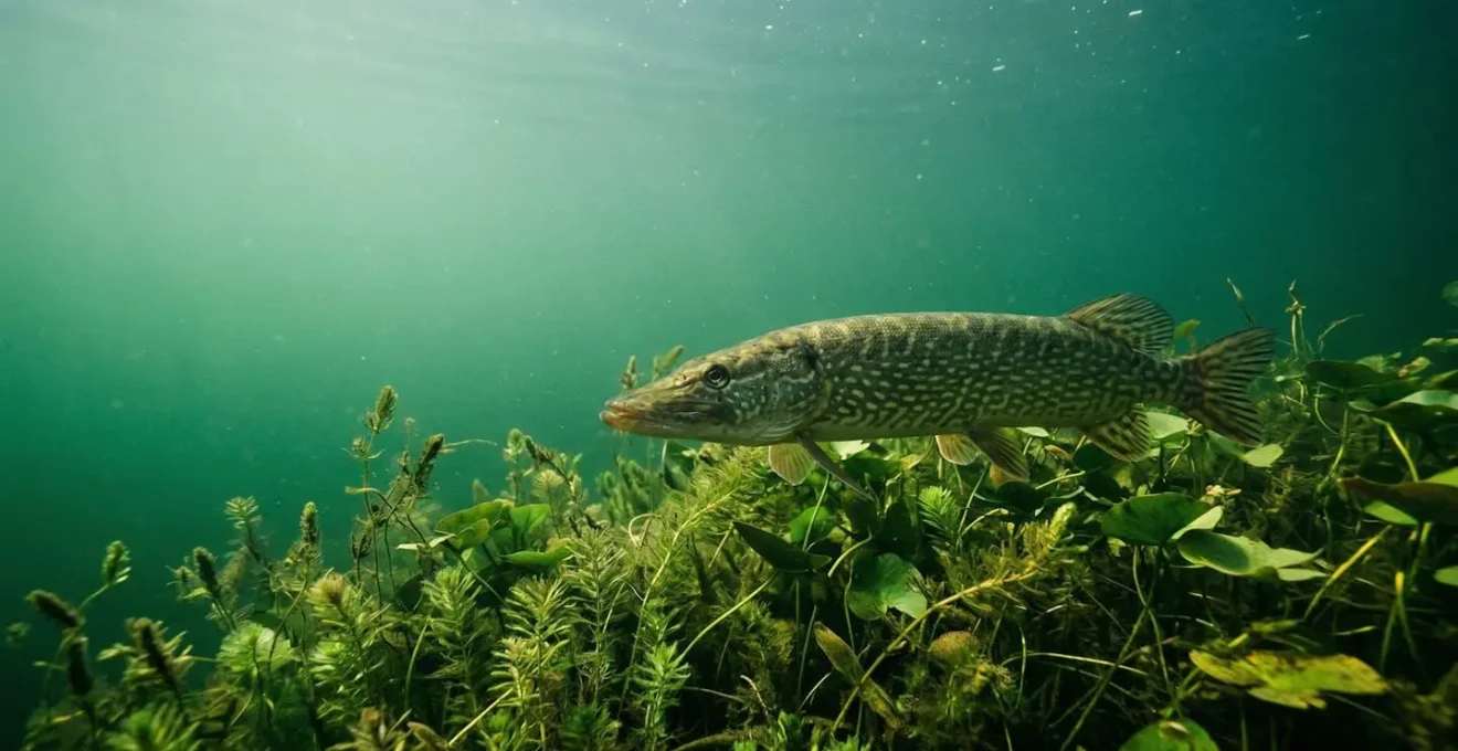 Grand brochet chassant dans un étang français aux herbiers denses de nénuphars et myriophylles
