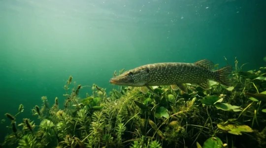 Grand brochet chassant dans un étang français aux herbiers denses de nénuphars et myriophylles